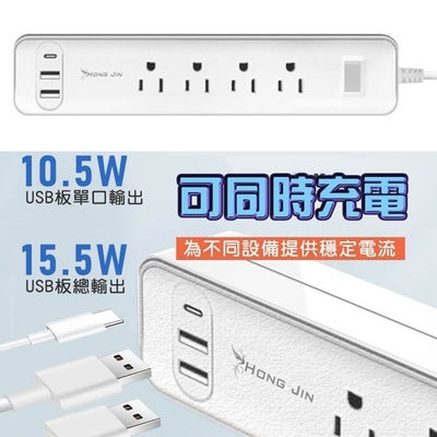 【全方位延長線！自帶USB充電口】TYPE-C+雙USB充電孔 電源延長線/插座延長線/開關電源/過載保護