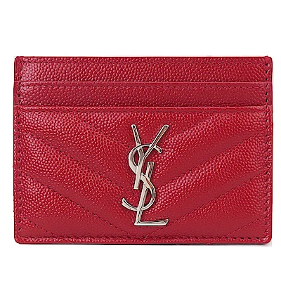 YSL MONOGRAM系列V字縫線魚子醬牛皮銀釦名片夾(紅)