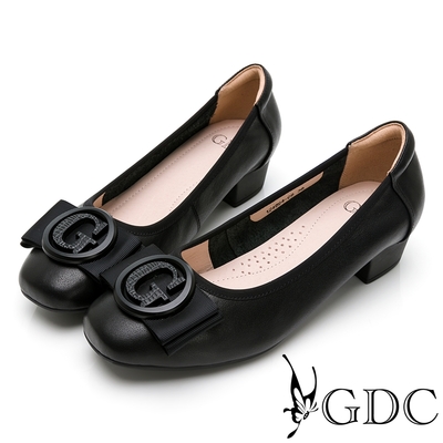 GDC-歐風氣質真皮蝴蝶結上班素色基本百搭跟鞋-黑色