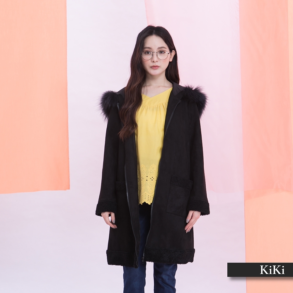 【KiKi】長版連帽刷毛質感-外套(二色/版型修身)