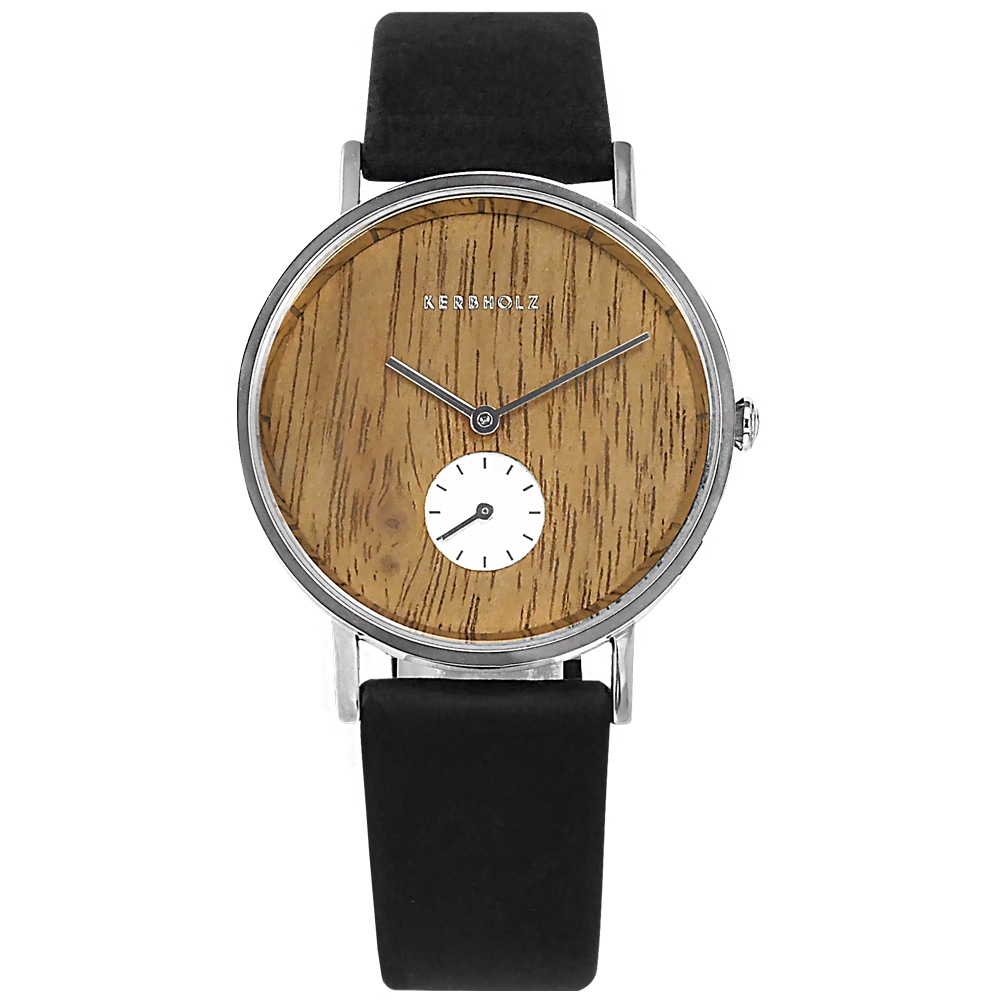 KERBHOLZ 木紋面板 簡約典雅 藍寶石水晶鍍膜 真皮手錶-銀框x黑/35mm