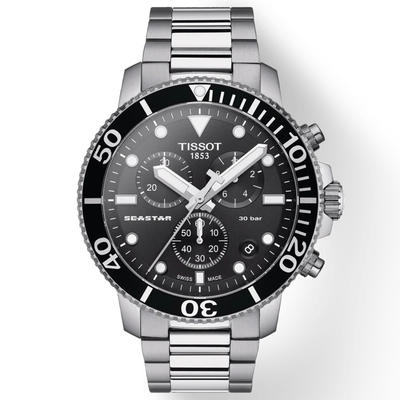 Tissot 天梭Seastar系列 海星300三眼計時潛水腕錶-45mm/經典黑鋼帶