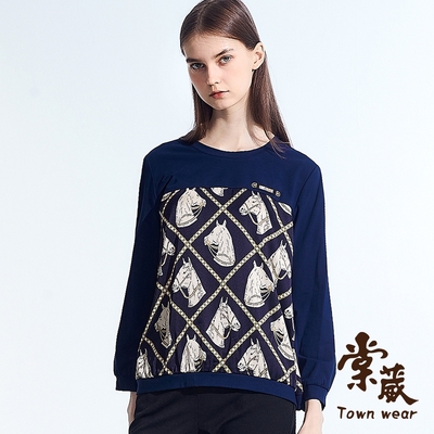 【TOWNWEAR棠葳】歐式莊園馬頭拼接棉質上衣(中大尺碼/女上衣/女上著/長袖/鑽飾)