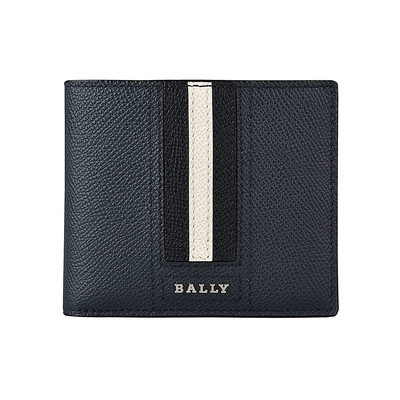 BALLY TONETT銀字LOGO牛皮黑白條紋5卡短夾(深藍)