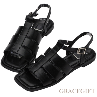 【Grace Gift】編織寬帶低跟涼鞋 黑