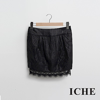 ICHE 衣哲 簡約立體紋拼接蕾絲造型黑鉛筆裙