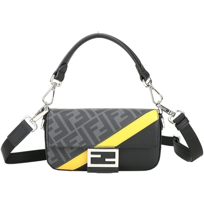 FENDI Baguette 迷你款 老花帆布撞色牛皮手提/斜背包(黑灰x黃)