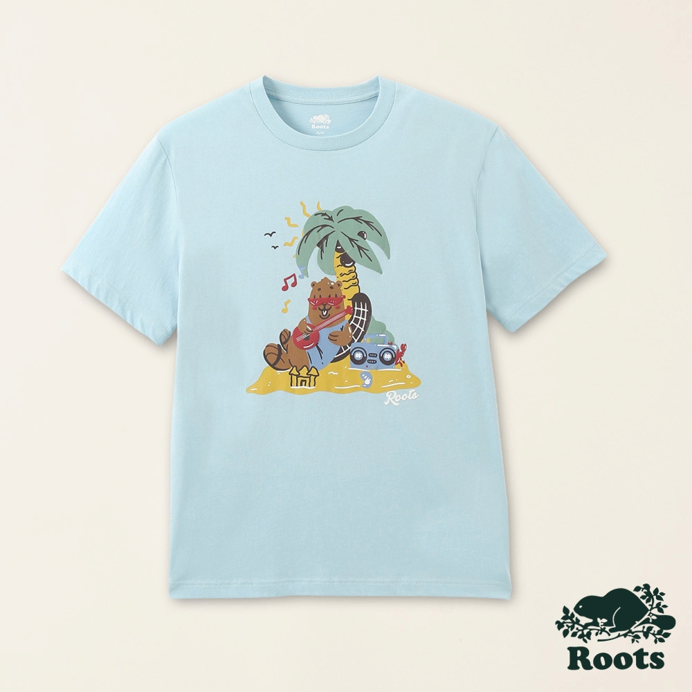 Roots男裝-海洋生活家系列 熱帶島嶼海狸有機棉短袖T恤-淺藍色