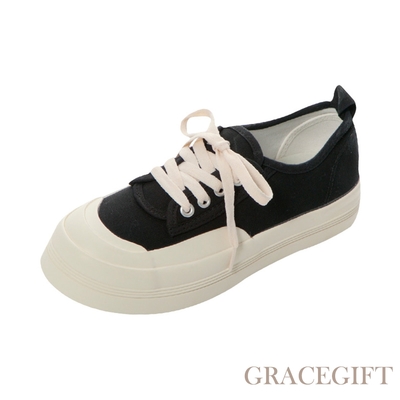 【Grace Gift】綁帶微厚底帆布鞋 黑