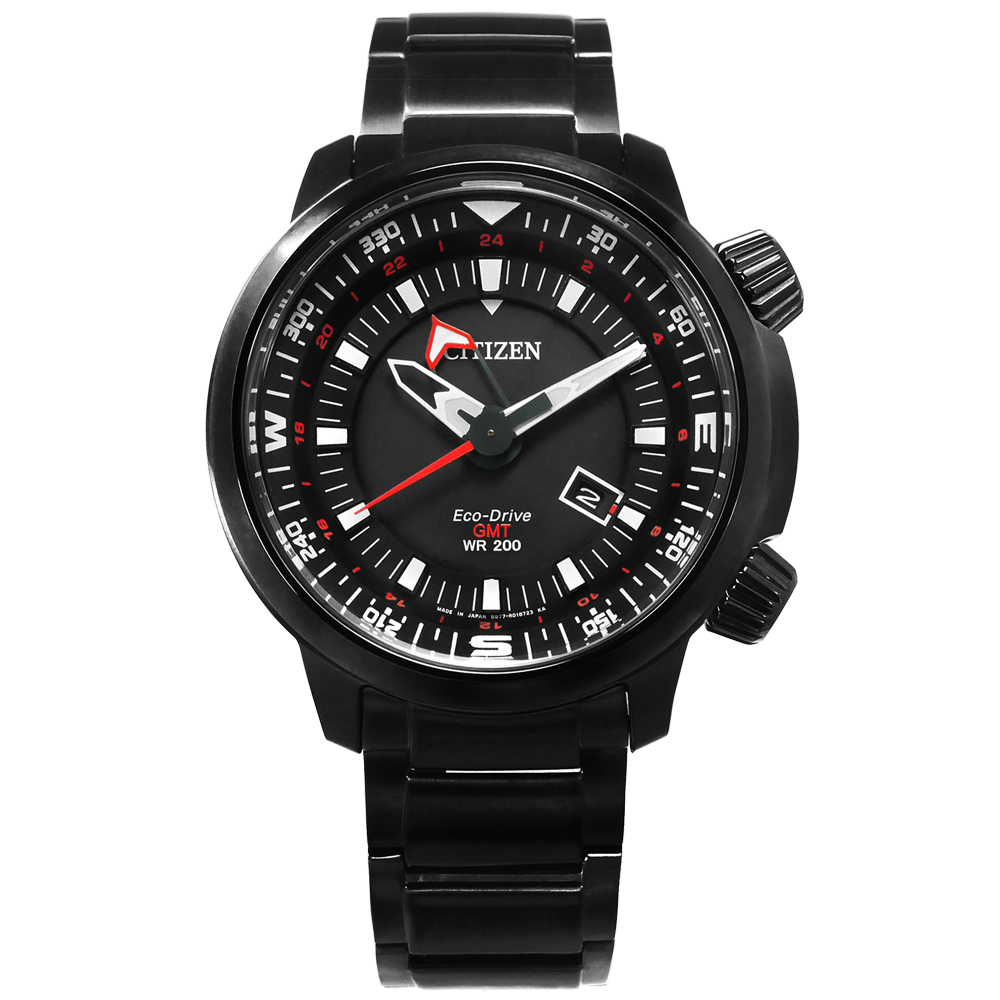 CITIZEN 光動能簡易方位兩地時間手錶(BJ7086-57E)-黑色/49mm