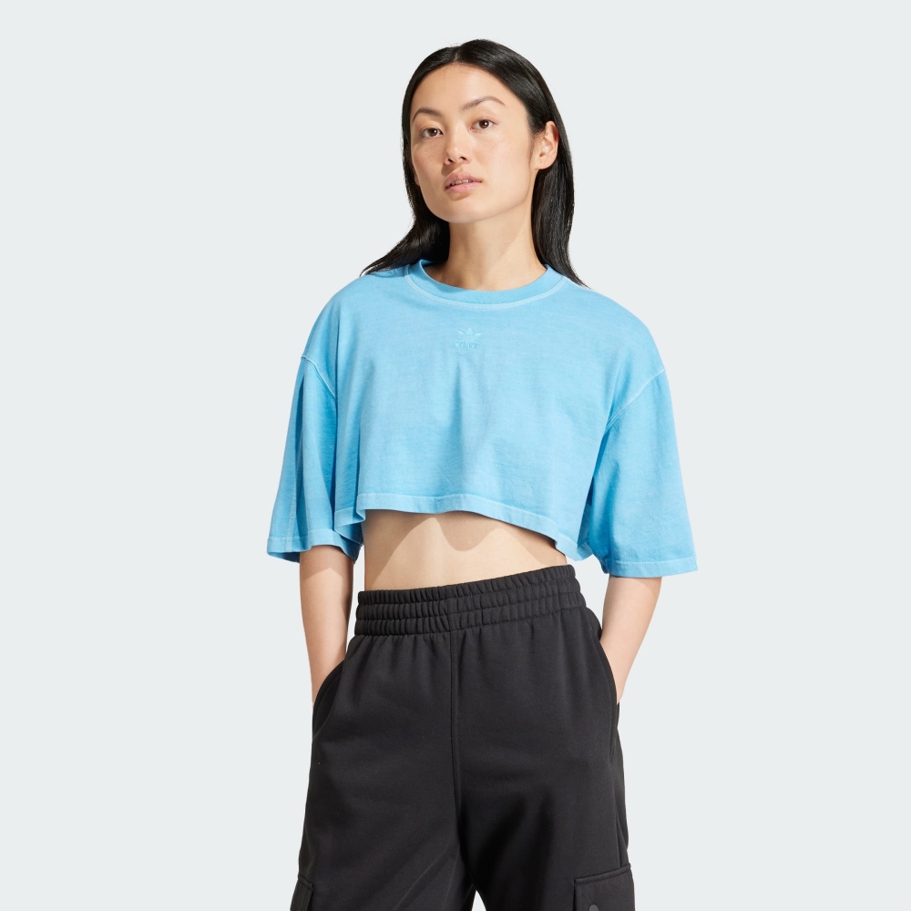 adidas 愛迪達 上衣 女款 短袖上衣 運動 三葉草 ESS+ CROP TEE 藍 IR5994