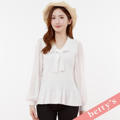 betty’s貝蒂思 泡泡雪紡袖拼接直紋綁帶針織上衣(白色)