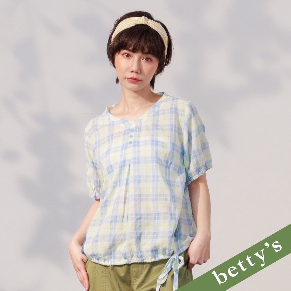 betty’s貝蒂思　口袋拼接格紋抽繩上衣(淺藍)