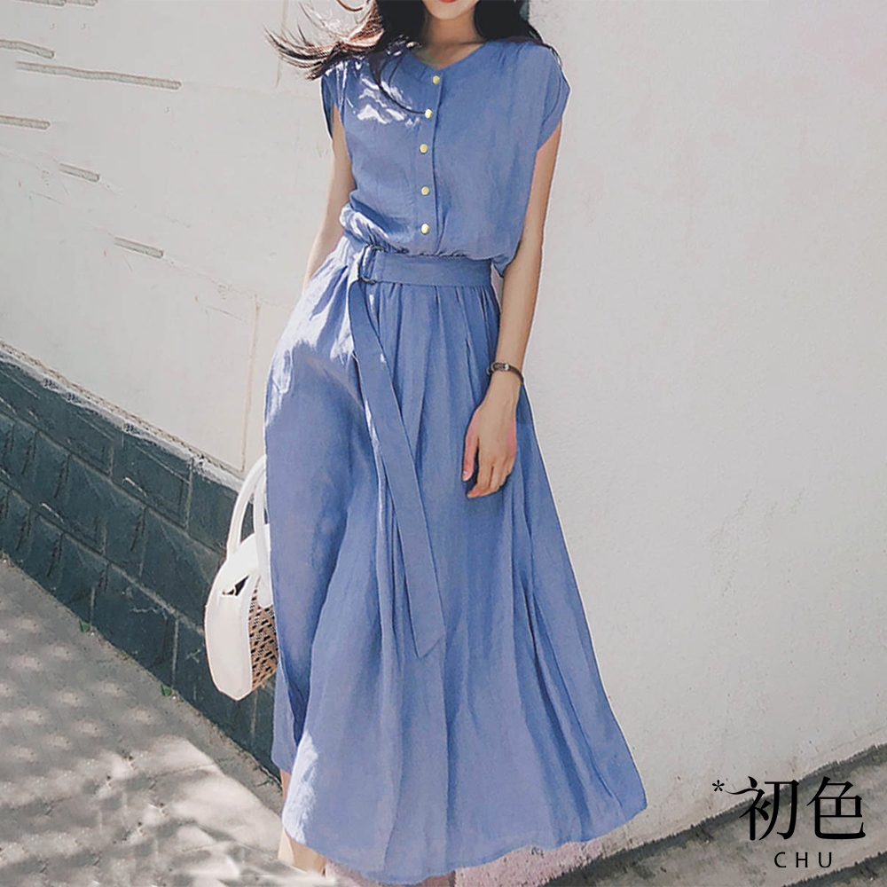 初色  日系繫帶短袖襯衫洋裝-淺藍色-(M-2XL可選)