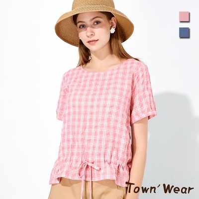 【TOWNWEAR棠葳】格紋抽繩綁帶純棉上衣 2色(女上衣/短袖/蝴蝶結)