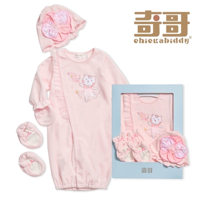 奇哥 Chic a Bon 粉嫩貓咪妙妙裝/連身衣4件組禮盒 3-6個月(妙妙裝+帽子+手套+腳套 彌月禮 附提袋)