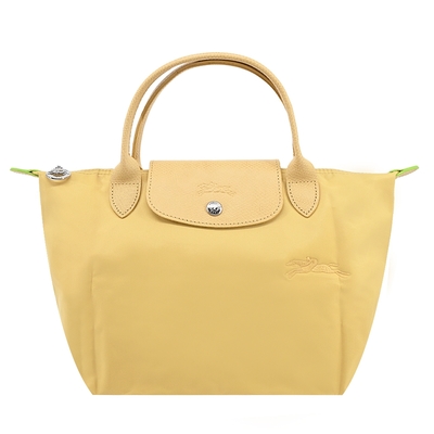 LONGCHAMP LE PLIAGE GREEN系列刺繡短把再生尼龍摺疊水餃包(小/小麥黃)