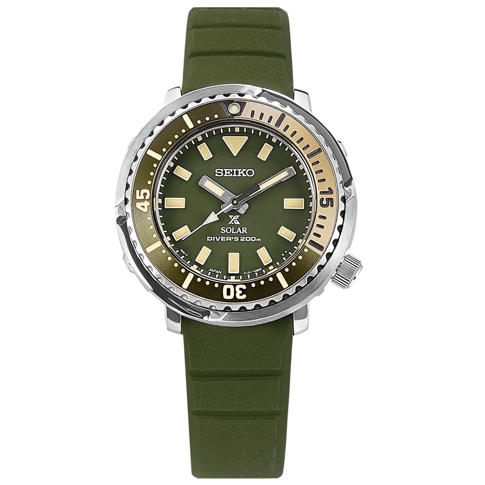 SEIKO 精工 PROSPEX 縮小款 鮪魚罐頭 太陽能 防水200米 矽膠手錶-墨綠色/39mm