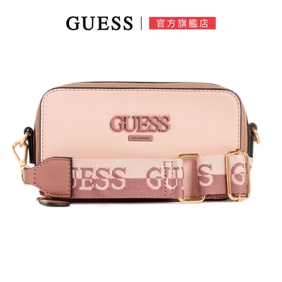 【GUESS】撞色質感雙拉鍊帆布背帶斜背包-粉