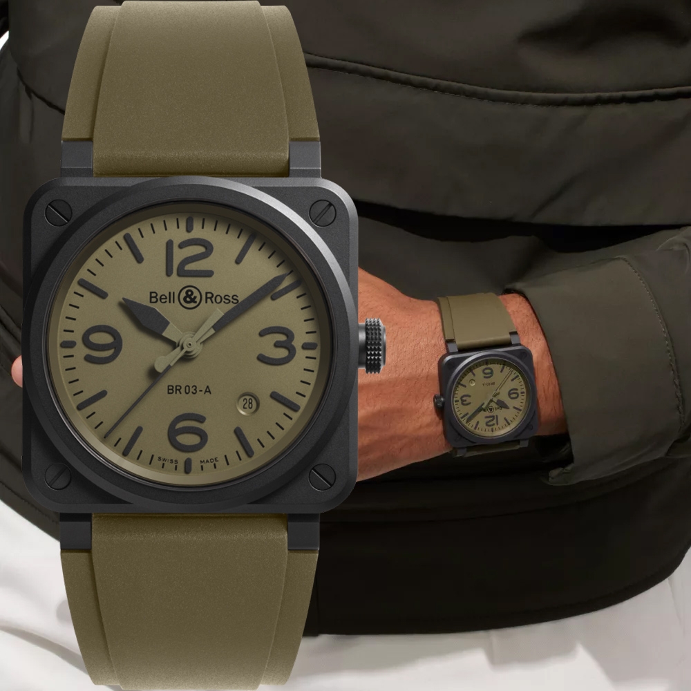 Bell & Ross BR03黑色啞光陶瓷方形機械腕錶-41mm綠 BR03A-MIL-CE/SRB