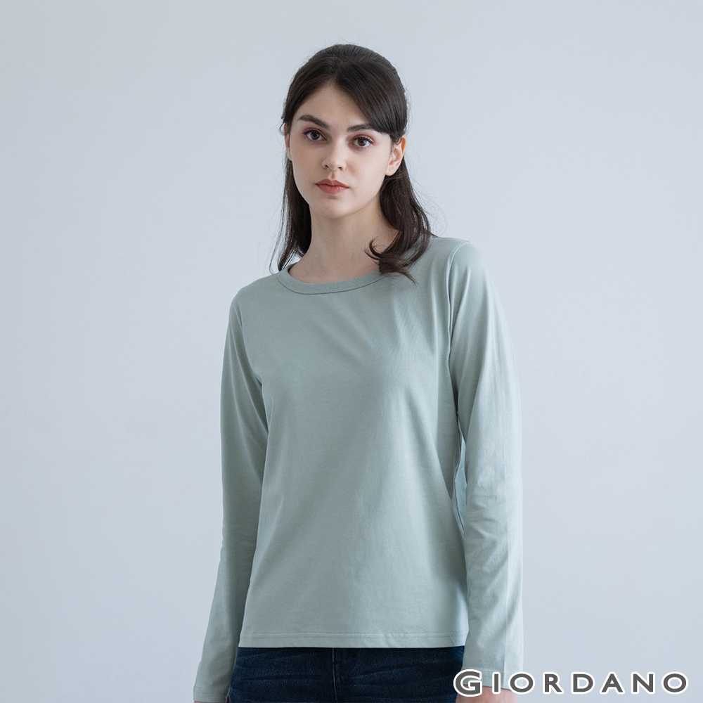 GIORDANO 女裝純棉素色圓領長袖T恤 - 52 翡翠綠