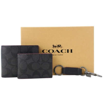 COACH 經典 C LOGO緹花PVC男短夾/卡夾/鑰匙圈三件禮盒組(黑灰)