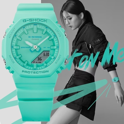 CASIO 卡西歐 G-SHOCK x ITZY 迷你版農家橡樹 纖薄八角形雙顯錶-綠松藍 GMA-P2100-2A