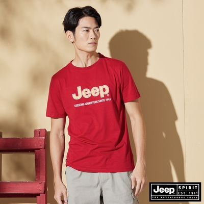 JEEP 男裝 品牌撞色LOGO純棉百搭短袖T恤-紅色