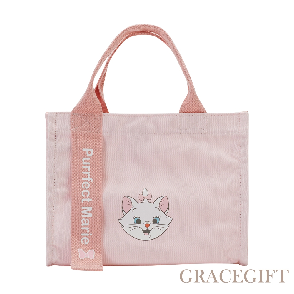 【Grace Gift】迪士尼瑪麗貓款織帶帆布提袋 粉