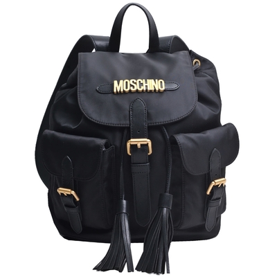 MOSCHINO 經典金色字母LOGO尼龍牛皮流蘇雙口袋尼龍後背包(黑色)