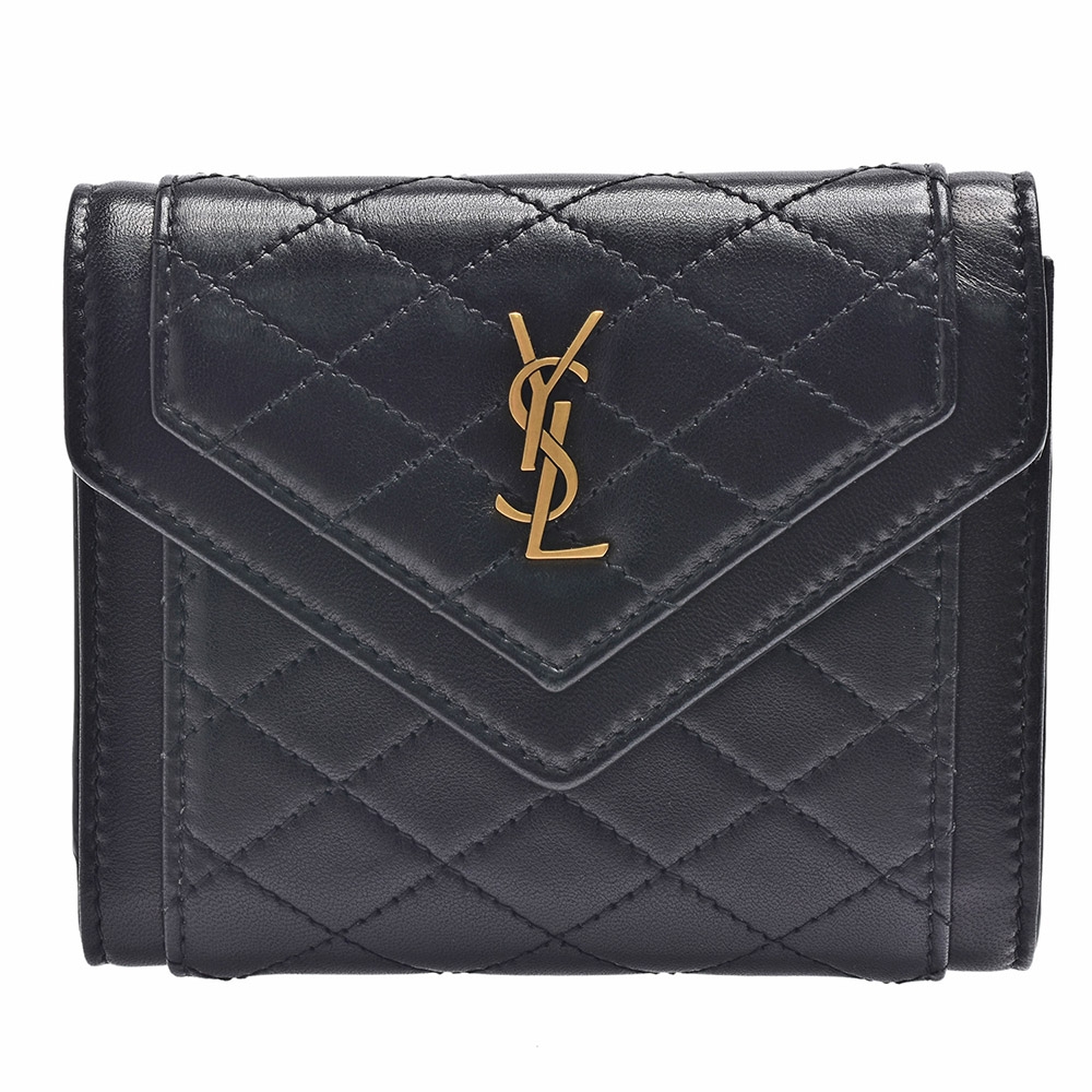 YSL 經典菱格縫線小羊皮金色金屬LOGO暗釦短夾(黑色)