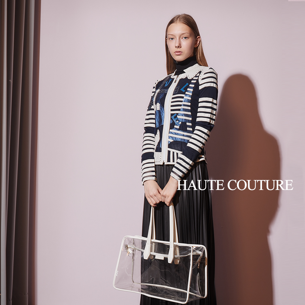 Haute Couture 高定系 設計款網紗拼接小羊皮時尚造型外套-藍