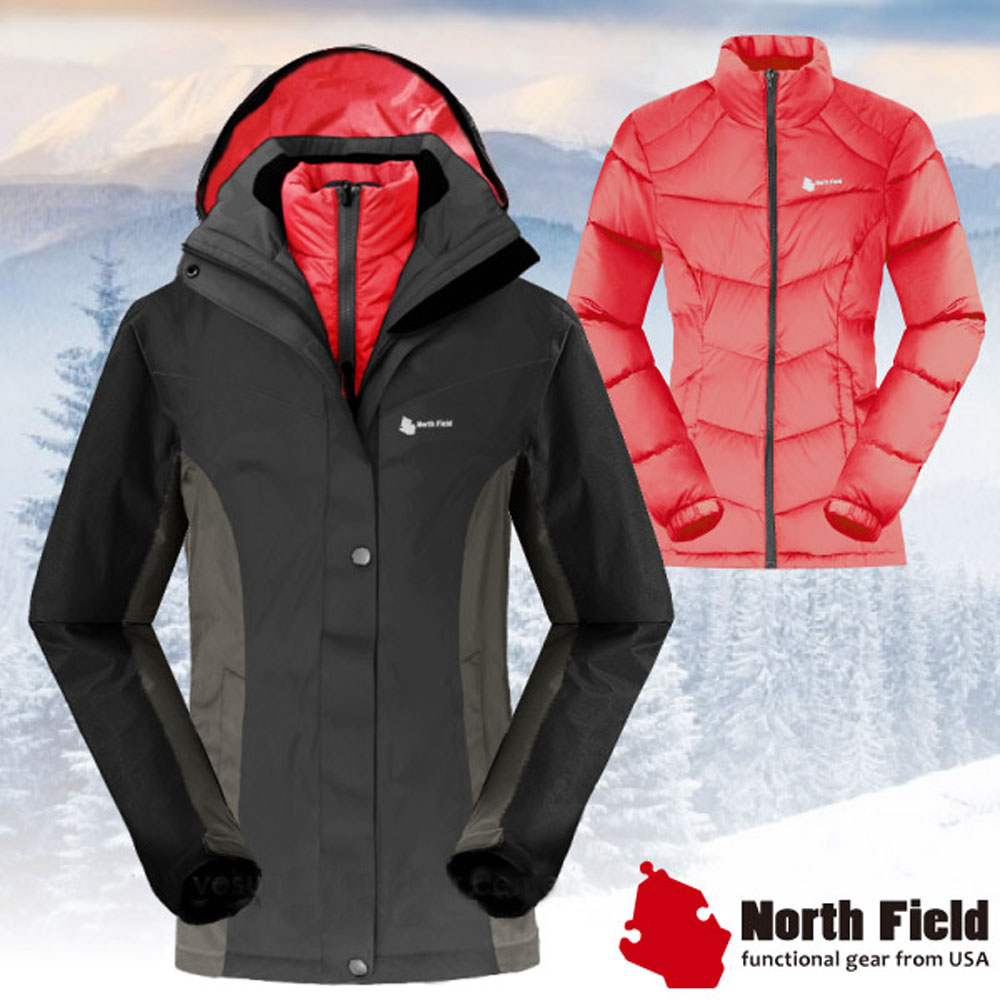 North Field 女 二件式防風防水外套+內層保暖羽絨夾克_鑽石黑