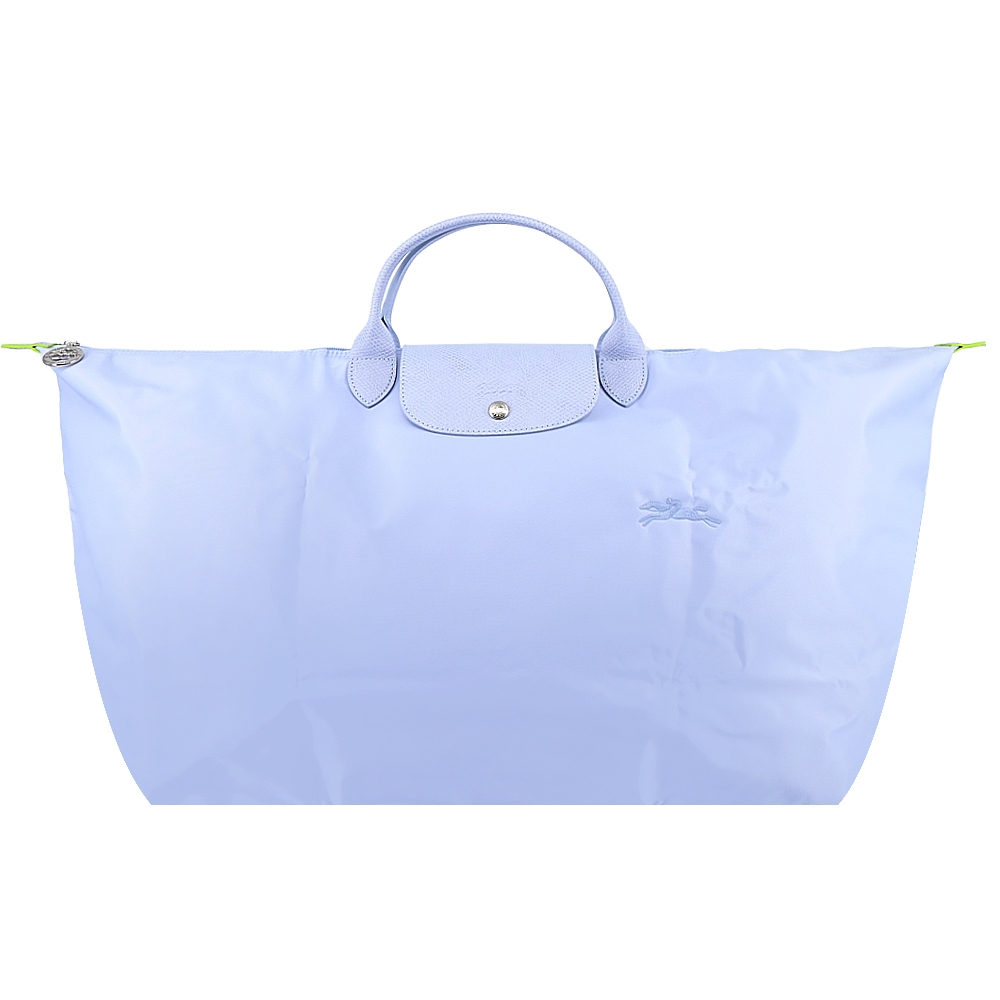 LONGCHAMP LE PLIAGE GREEN系列刺繡短把再生尼龍摺疊旅行袋(特大/天澄)LONGCHAMP