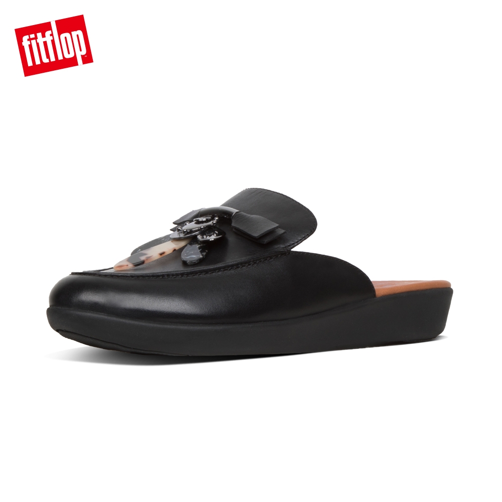 【FitFlop】SERENE DRAGONFLY LEATHER MULES 無後跟時尚穆勒鞋-女(黑色)