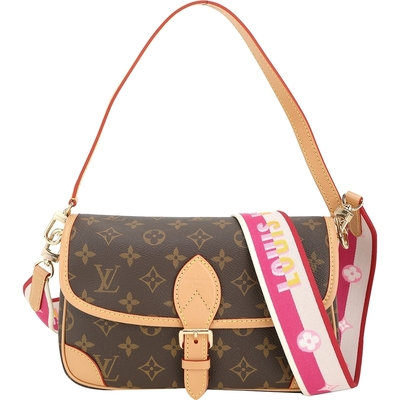 Louis Vuitton LV路易威登 M46049 Diane 老花塗層帆布拼牛皮緹花背帶翻蓋法棍包(咖啡色)