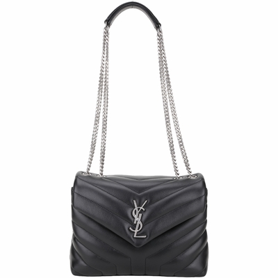 YSL Saint Laurent LOULOU 小型 Y字絎縫牛皮翻蓋鍊帶肩背包(黑色)