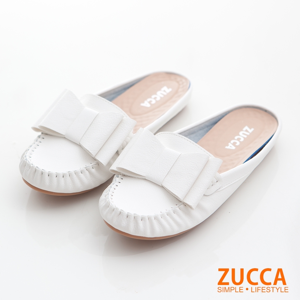 ZUCCA-雙朵結車縫平底拖鞋-白-z6818we