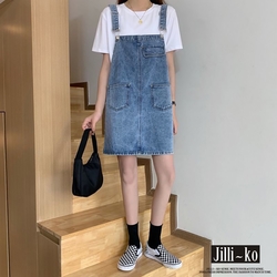 JILLI-KO 韓版寬鬆減齡牛仔可調吊帶裙 - 藍色