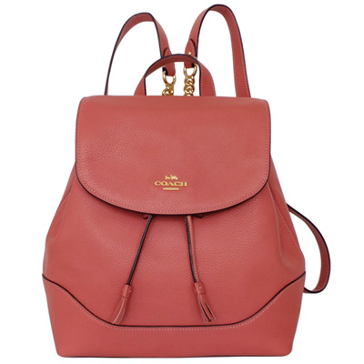 COACH珊瑚紅荔枝紋全皮翻蓋流蘇束口中款後背包
