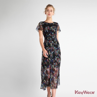 KeyWear奇威名品 花卉印花設計剪接短袖洋裝-綜合色