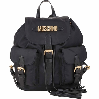 MOSCHINO 字母標誌流蘇飾口袋尼龍後背包(黑色)