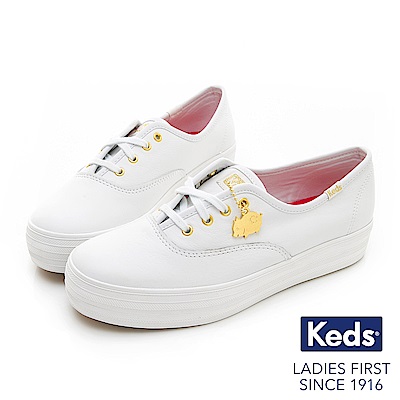 Keds TRIPLE 豬年限定厚底皮革綁帶休閒鞋-白