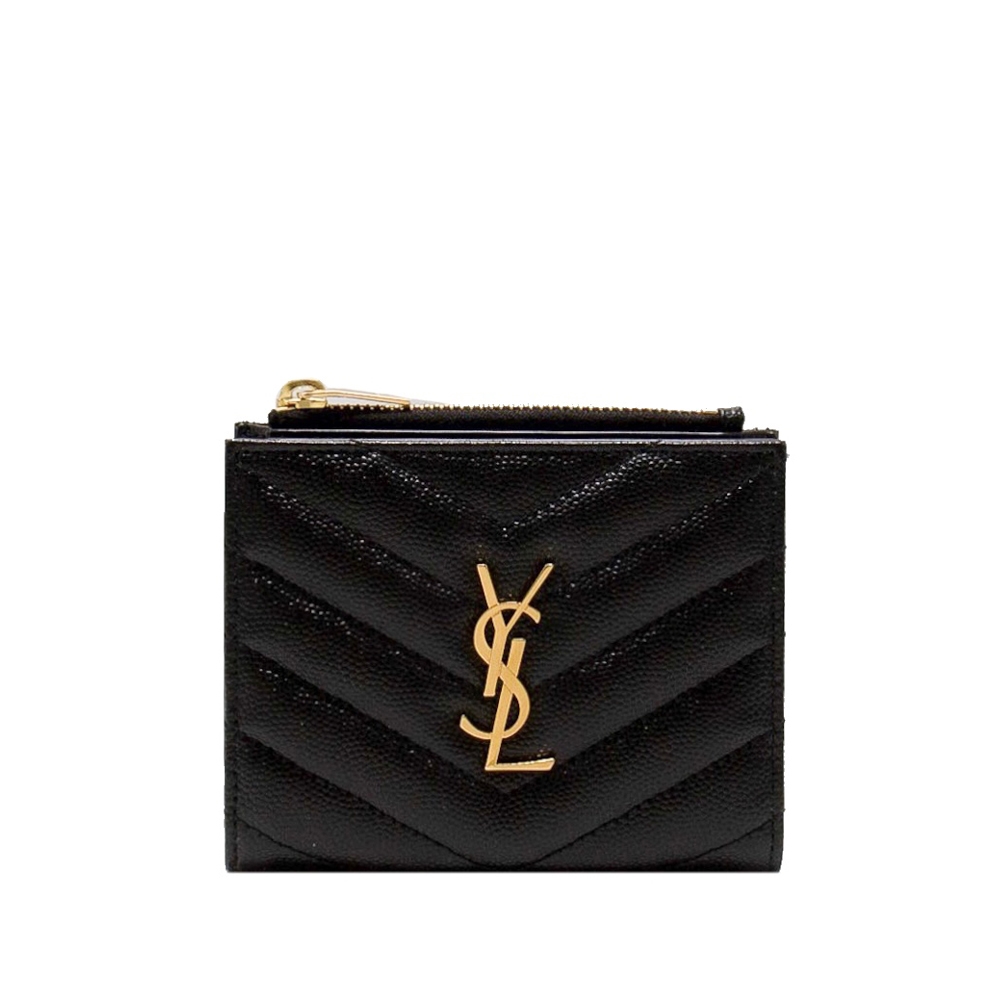 YSL 經典山形紋 釦式薄款短夾 五卡 (黑色 x 金字) Monogram Saint Laurent