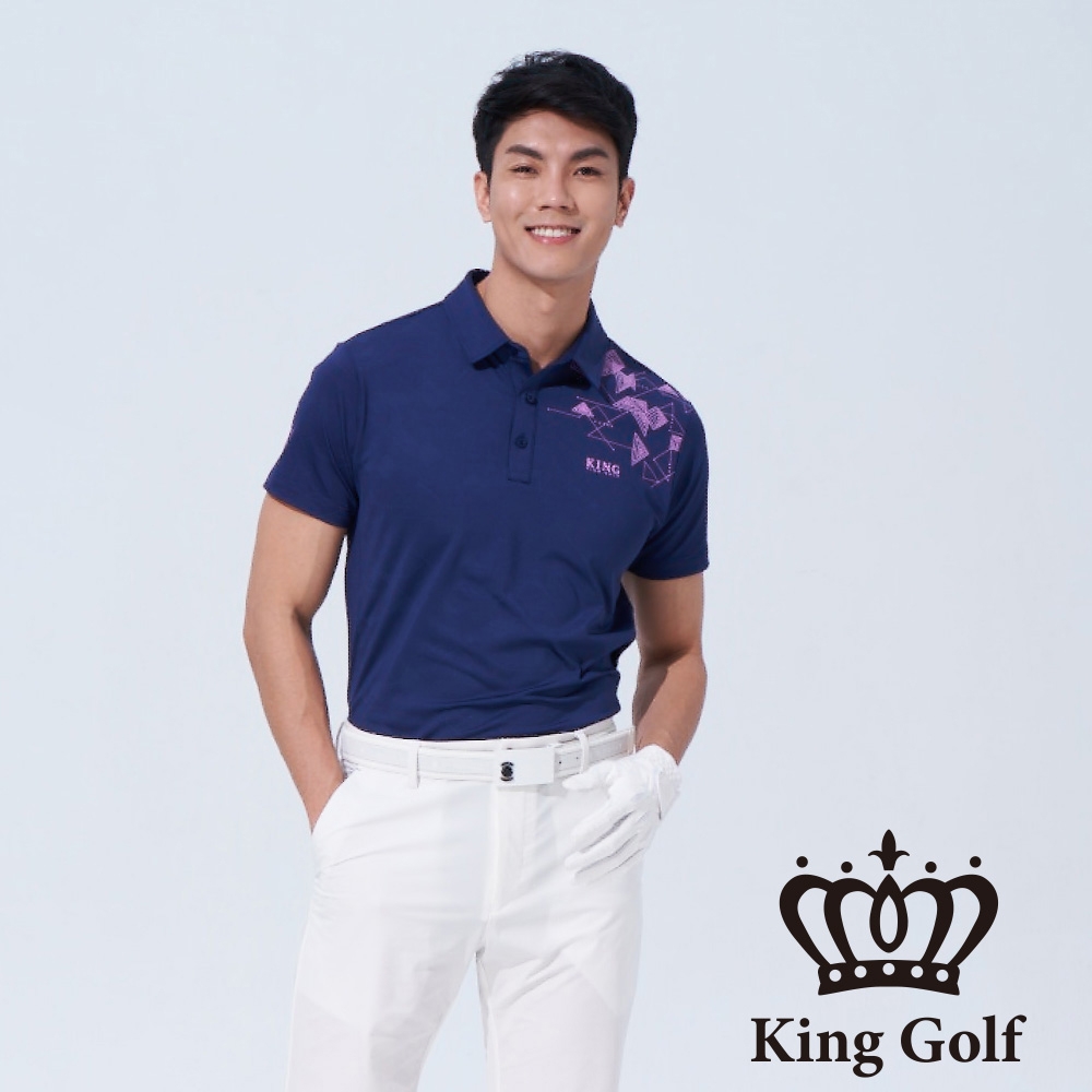 【KING GOLF】男款數位三角幾何開襟POLO衫/高爾夫球衫-藍色