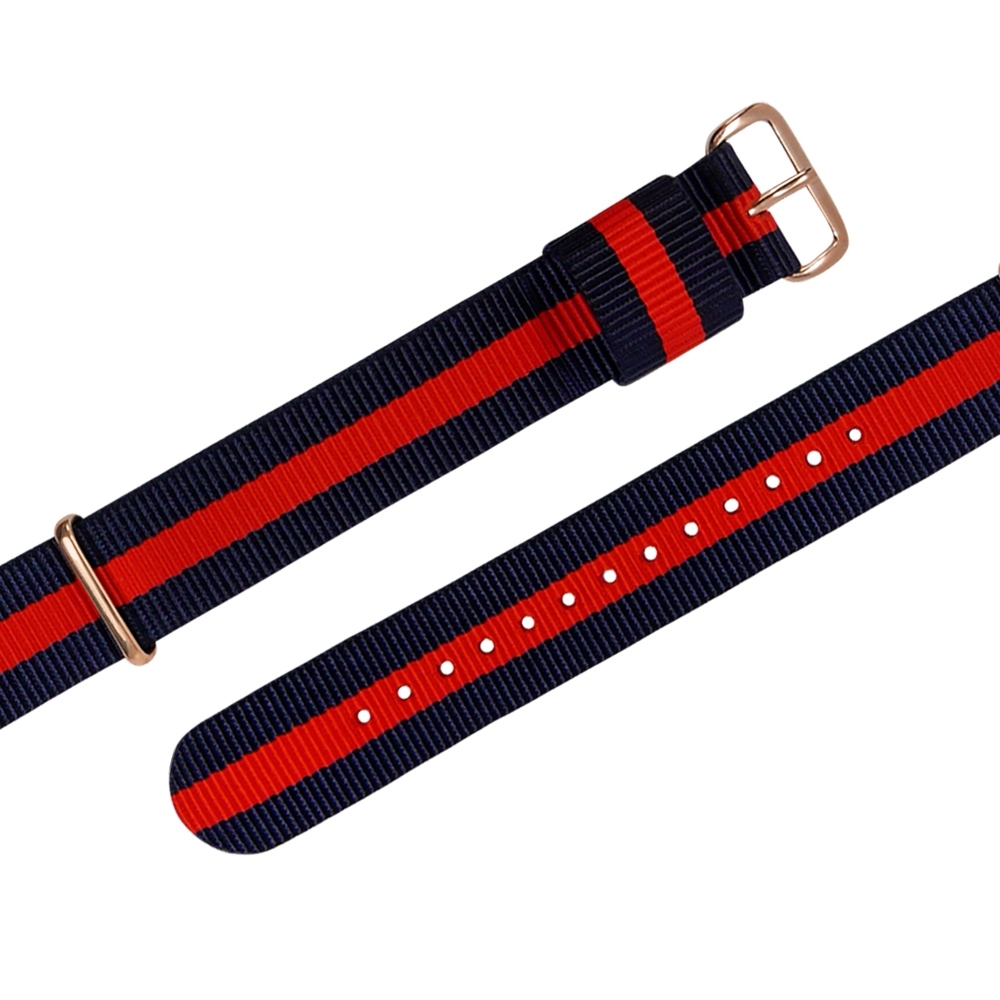 Watchband DW 各品牌通用 鍍玫瑰金不鏽鋼扣頭 尼龍錶帶-藍x紅