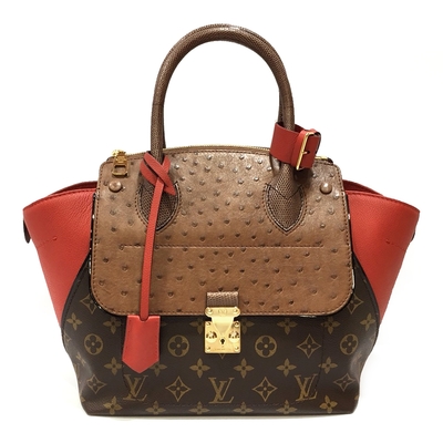 【Louis Vuitton 路易威登】 N91662 經典限量秀款鴕鳥皮拼接Monogram花紋手提包(全新展示品-紅色)