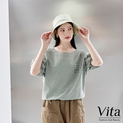 【Vita】細格紋貼袋彈性袖擺上衣-綠
