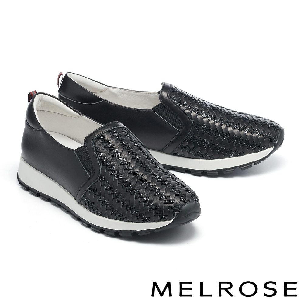 休閒鞋 MELROSE 美樂斯 質感時髦編織造型真皮厚底休閒鞋－黑
