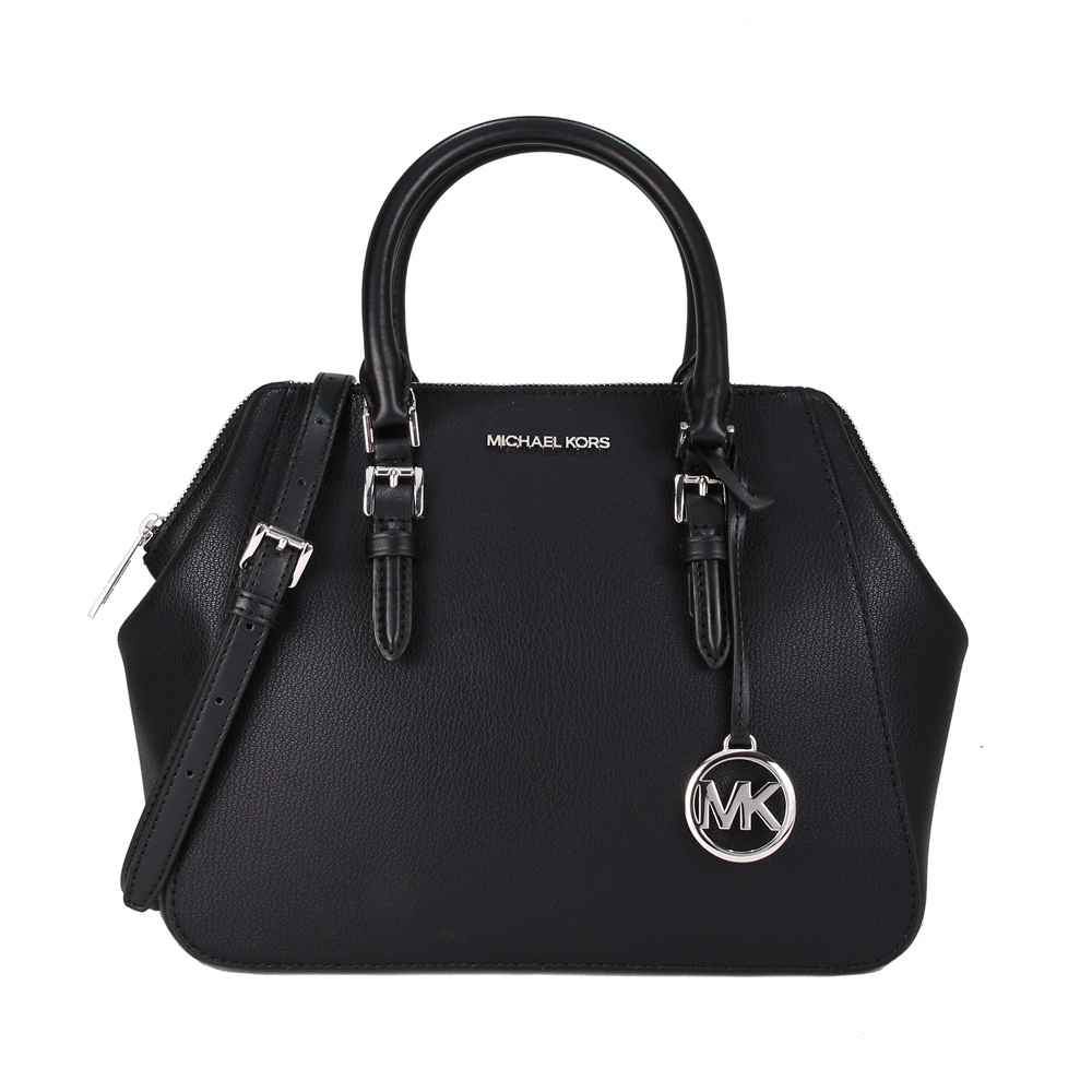 Michael Kors Charlotte 荔枝皮革銀字手提斜背波士頓包(黑色)